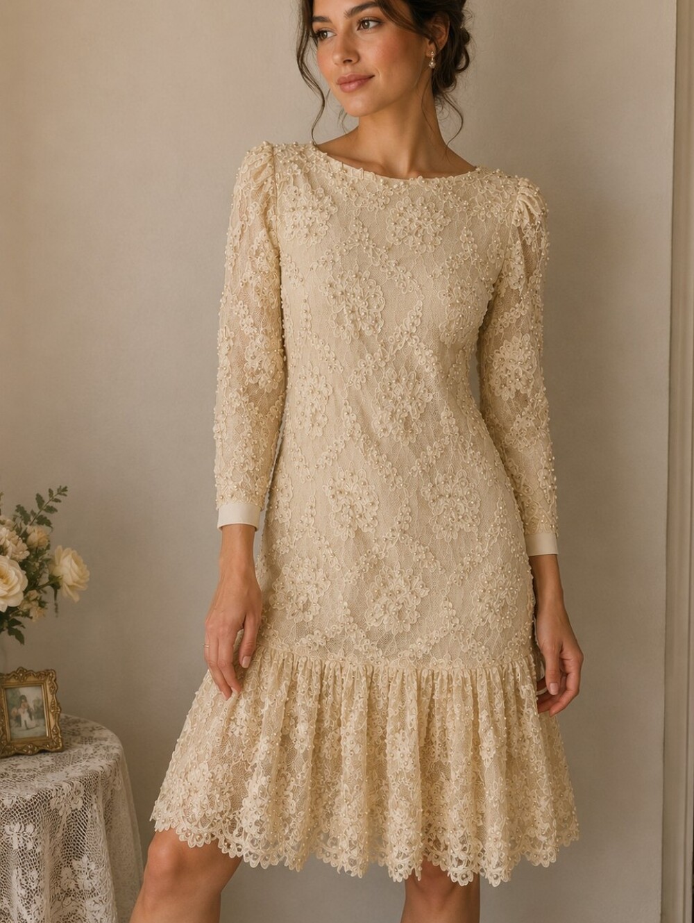 Vtg VICTORIA ROYAL Ltd 1980s Elegant Cream Beaded Lace Drop Waist Wedding Dress